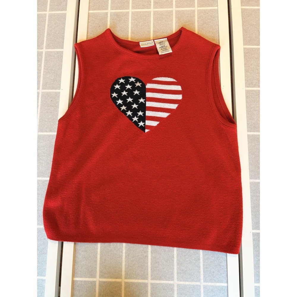 Faded Glory Women's Sz L Red Patriotic‎ Heart Sleeveless Vintage Sweater USA